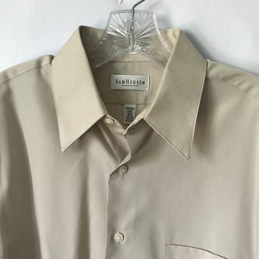 Van Heusen Shirt Mens Dress Long Sleeve Button Down Poplin PolyCotton Beige 15.5